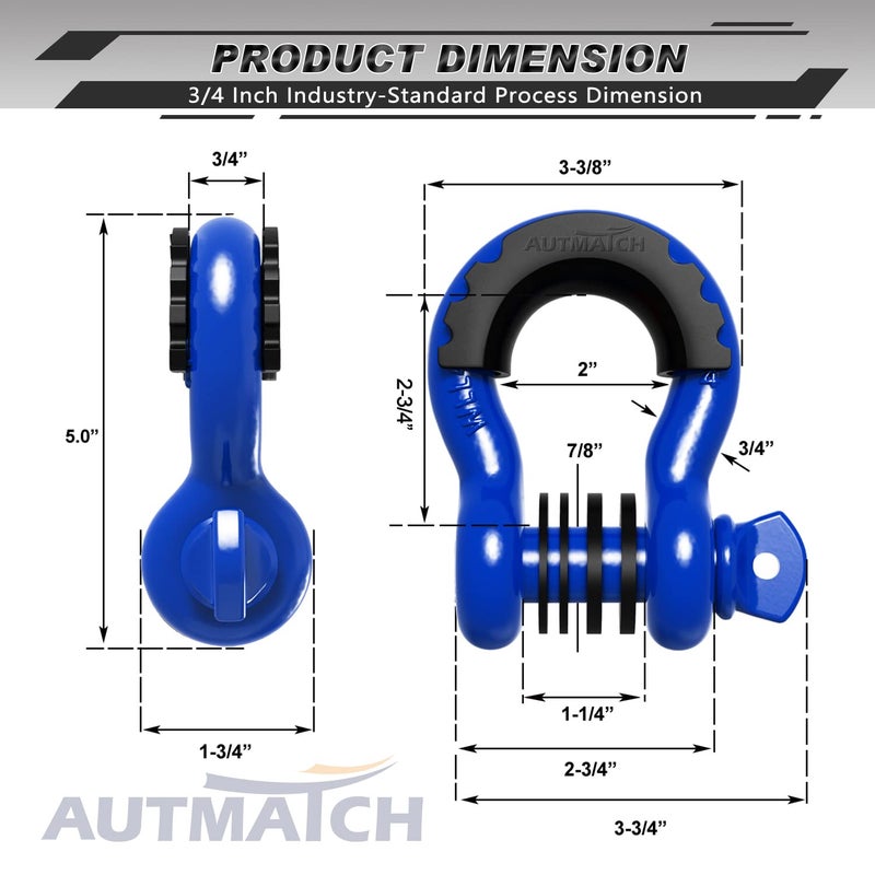 AUTMATCH D Ring Shackle 3/4"" Shackles (2 Pack) 41,887Ibs Break Strength - Clevis Shackle with 7/8"" Screw Pin and Shackle Isolator Washers Kit for Tow Strap Winch Off Road Vehicle Recovery, Blue - Image 3